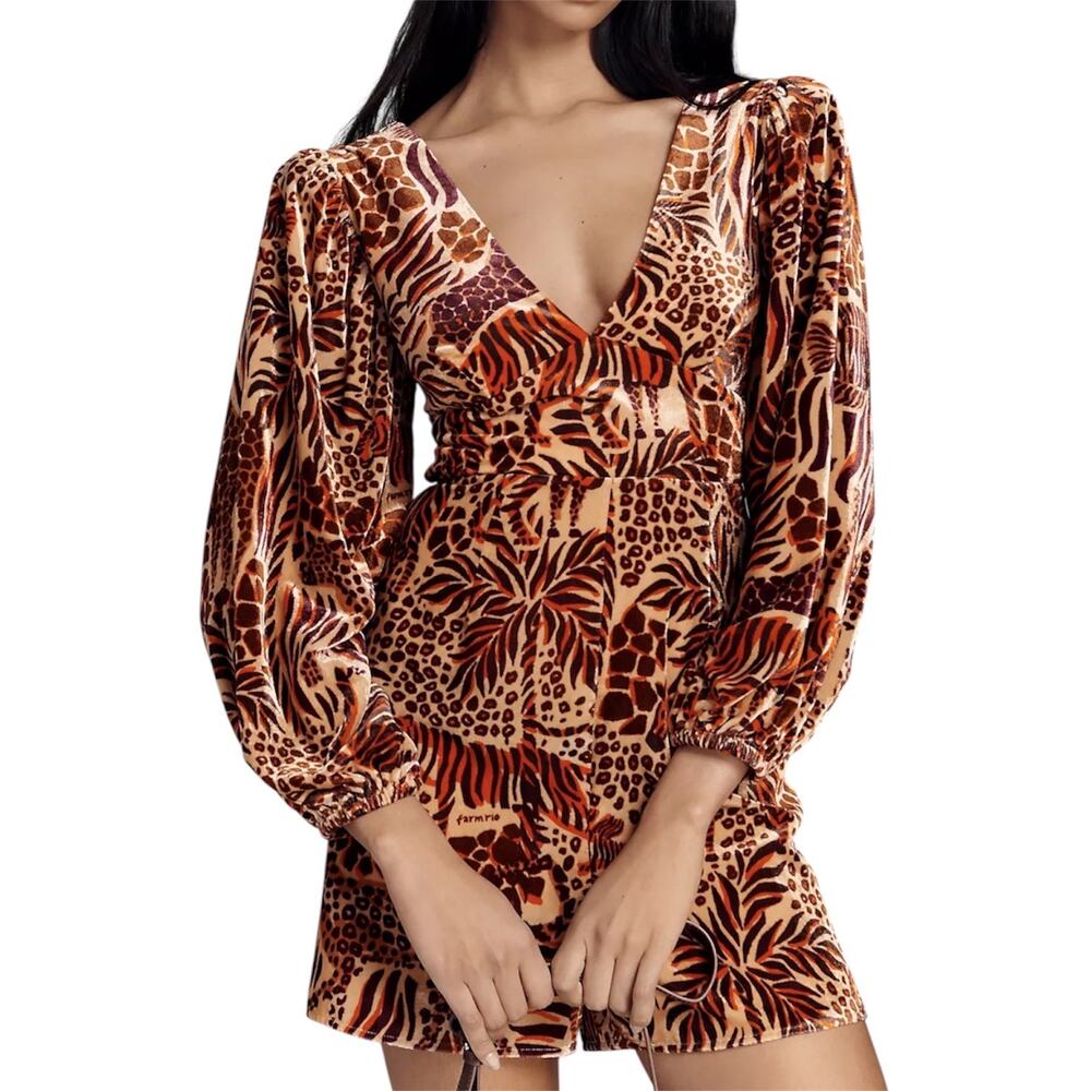 Farm Rio x Anthropologie Long Sleeve Velvet Romper Women’s Medium Safari Sand